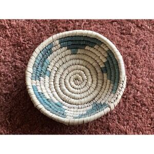 Handwoven Small‎ Basket Trinket Dish Boho Cream Blue Green Star
